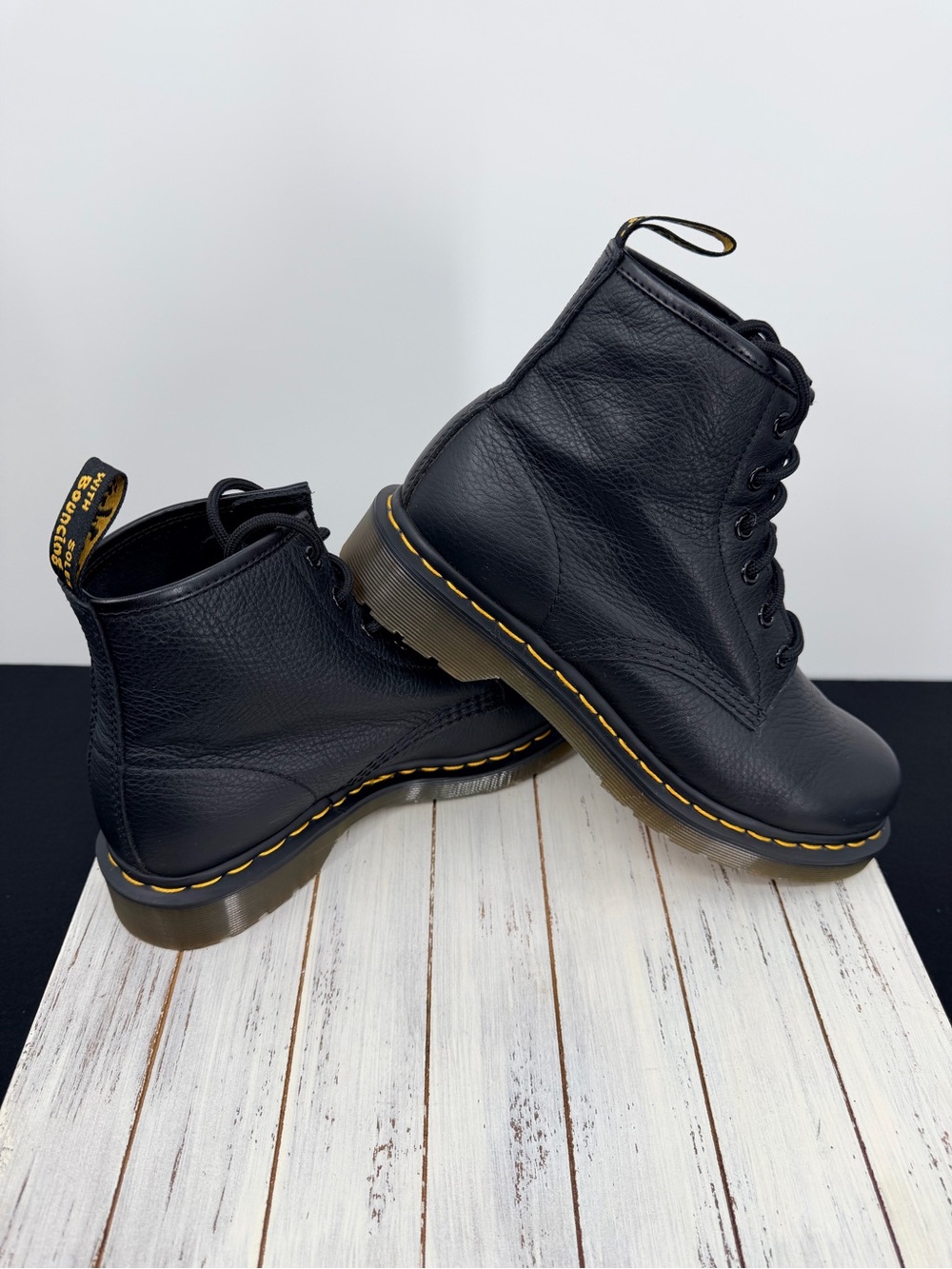 Dr. Martens Black Leather Lace-Up Ankle Boots with Yellow Stitching